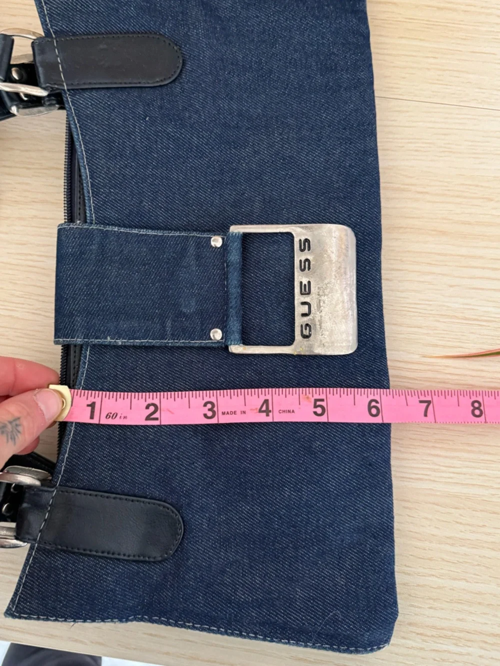 Guess Denim Shoulder Bag Y2K Buckle Detail Dark Wash - Picture 7 of 8